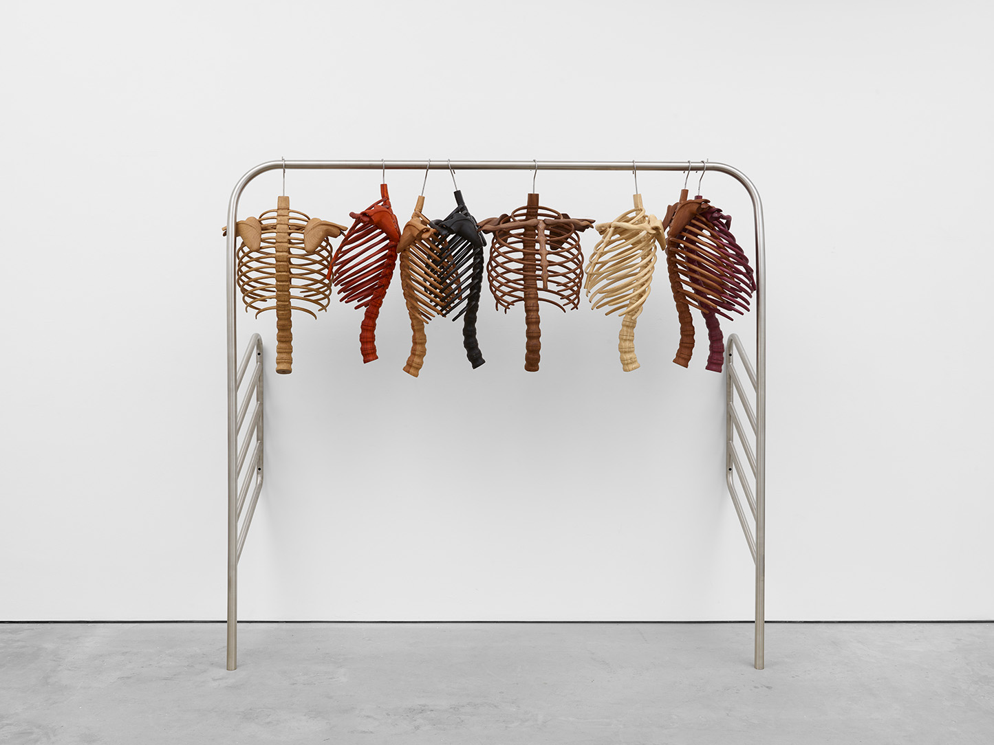 An assortment of ribcages and spines made of different colors of wood hanging from a thick metal rack