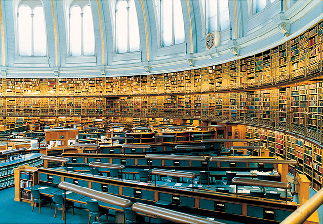 Photograph of the empty interior of a large research library