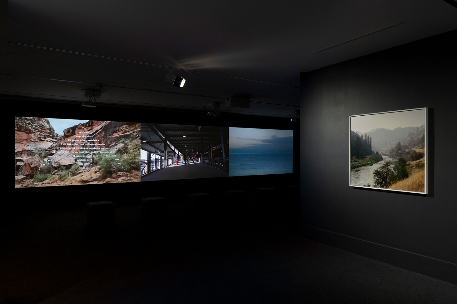 Installation view of two works by Sky Hopinka in the exhibition gallery at the Frye Art Museum