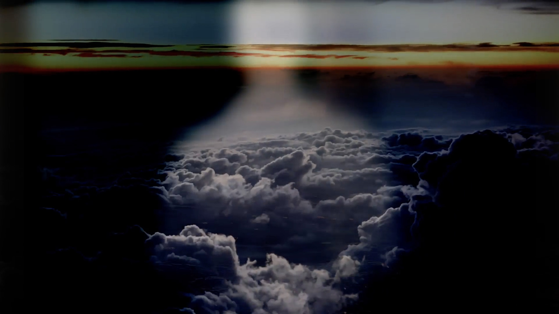 A still of clouds and a light, transparent human shape from Sky Hopinka's Mnemonics of Shape and Reason