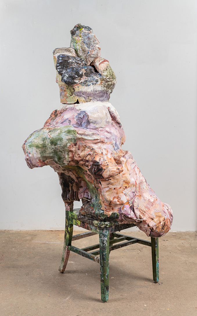 Jessica Jackson Hutchins. My Friend the Poet, 2019. Ceramic, plaster, papier mache, chair. 64 x 30 1/2 x 29 1/4 in. 