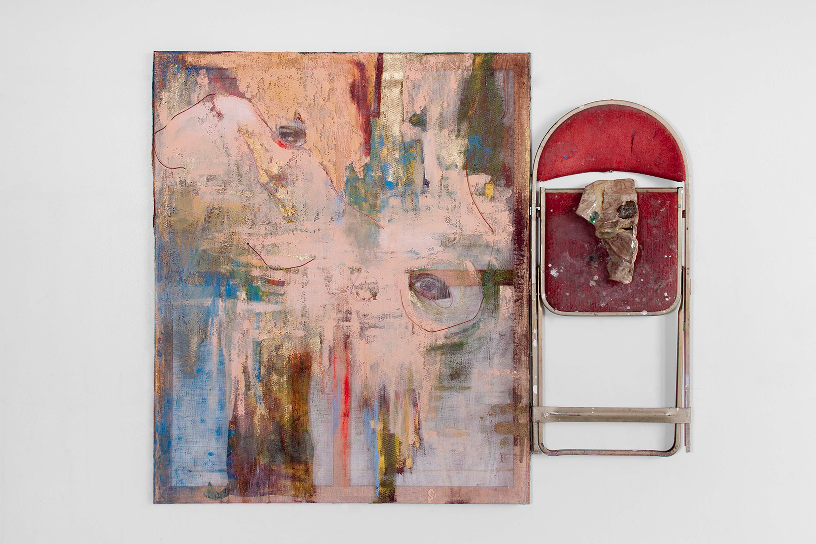 Jessica Jackson Hutchins. Third Eye, 2015. Acrylic paint, collage, mixed media, fabric, ceramic, chair 56 x 47 1/2 x 6 in.