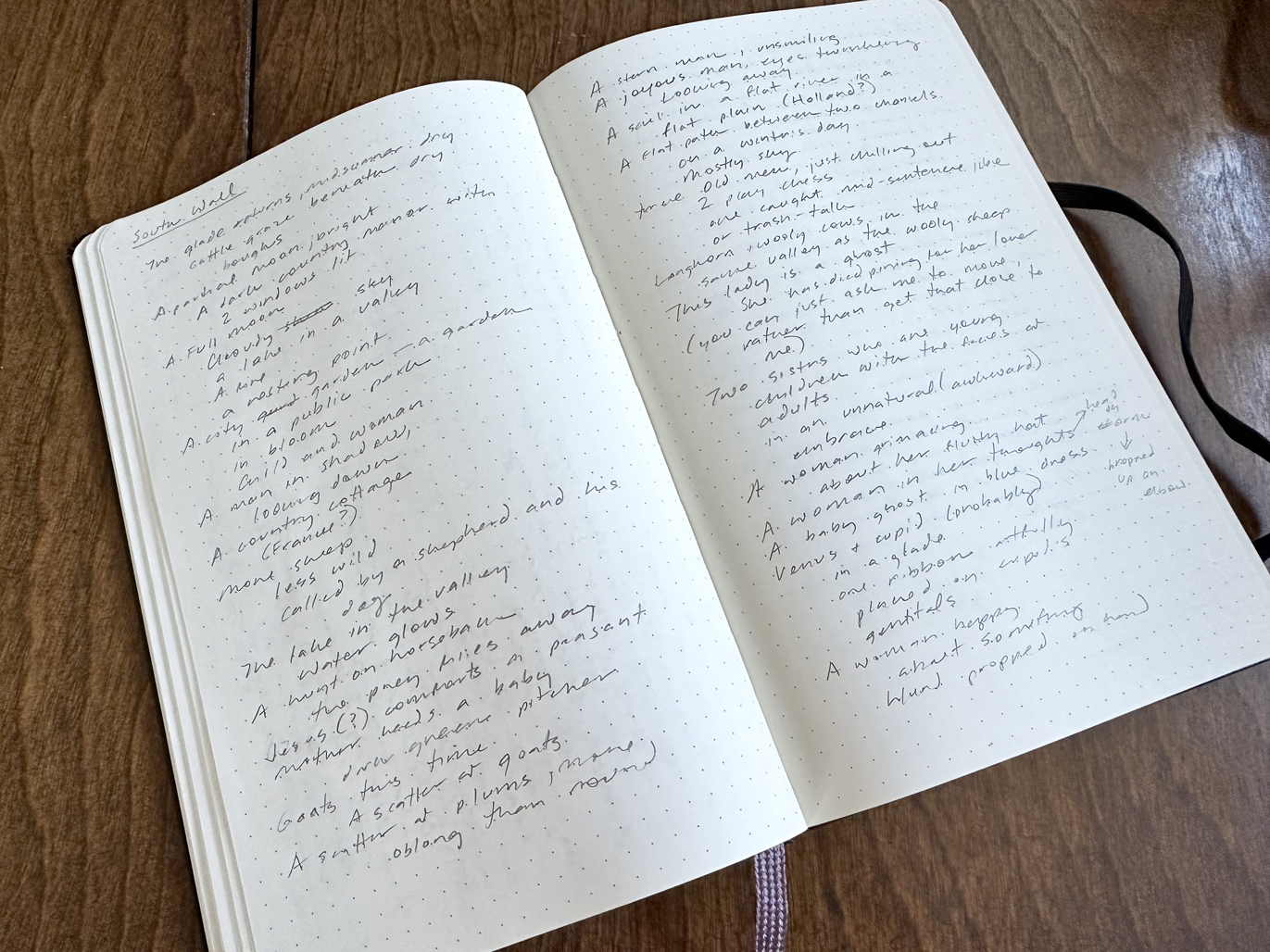 Photo of an open notebook on a table with pages filled with notes