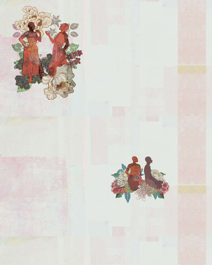 A pale wallpaper with designs of clowers and female figures