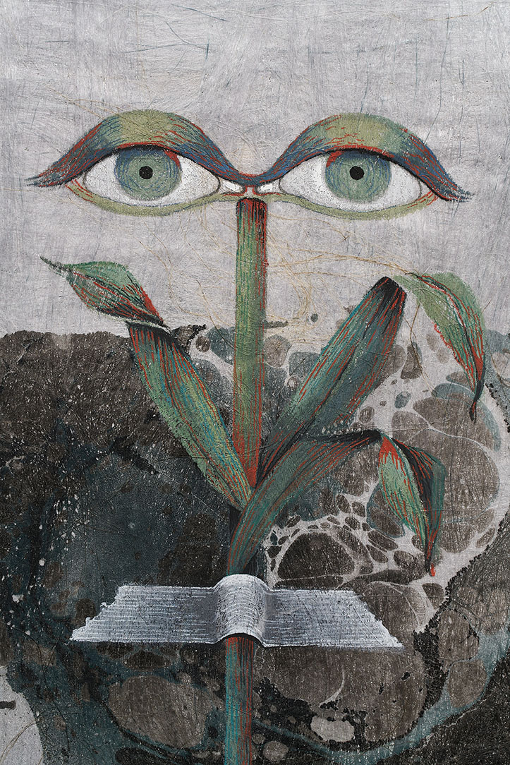A watercolor and gauche painting of a plant with eyes on its leaves on flax fiber