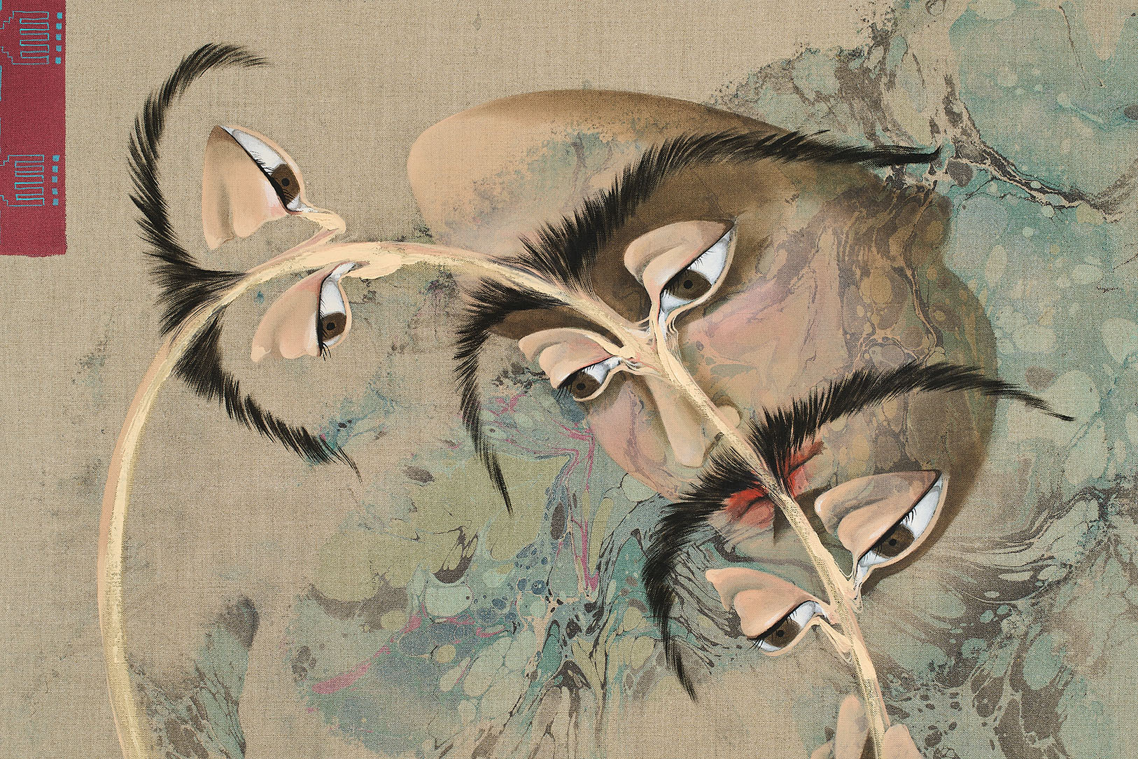 An oil and acrylic painting of a floating face with repeating eye and eyebrow motifs on linen