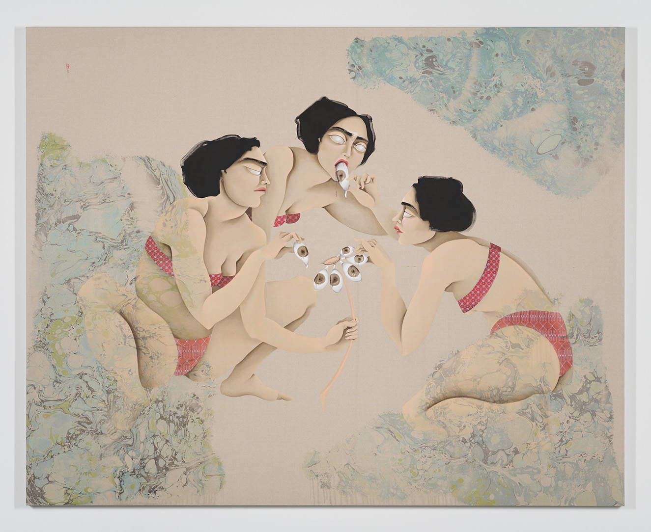 An oil and acrylic painting of three female figures without pupils plucking leaves with the appearence of eyes from a plant