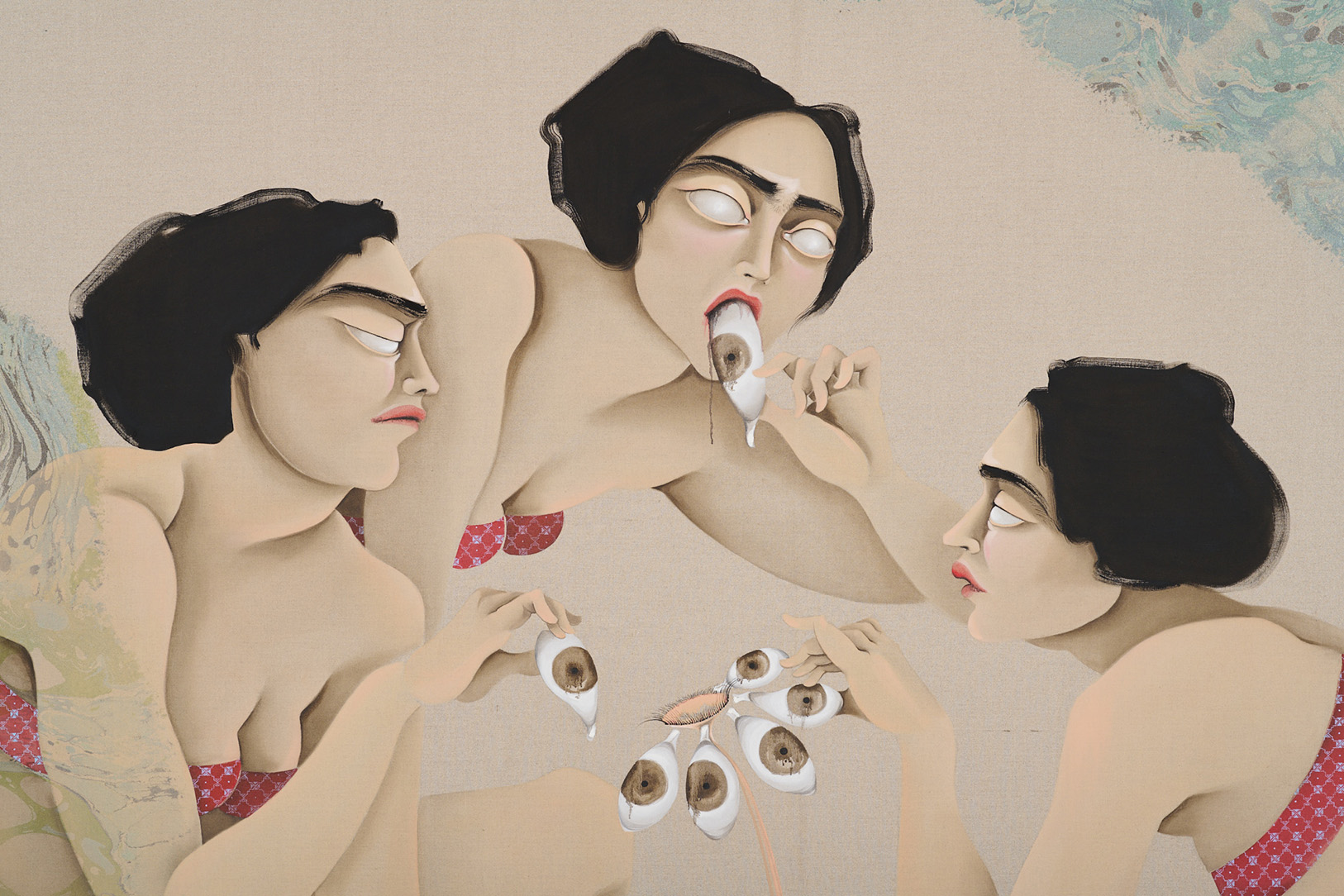 A detail of an oil and acrylic painting of three female figures without pupils plucking leaves with the appearence of eyes from a plant
