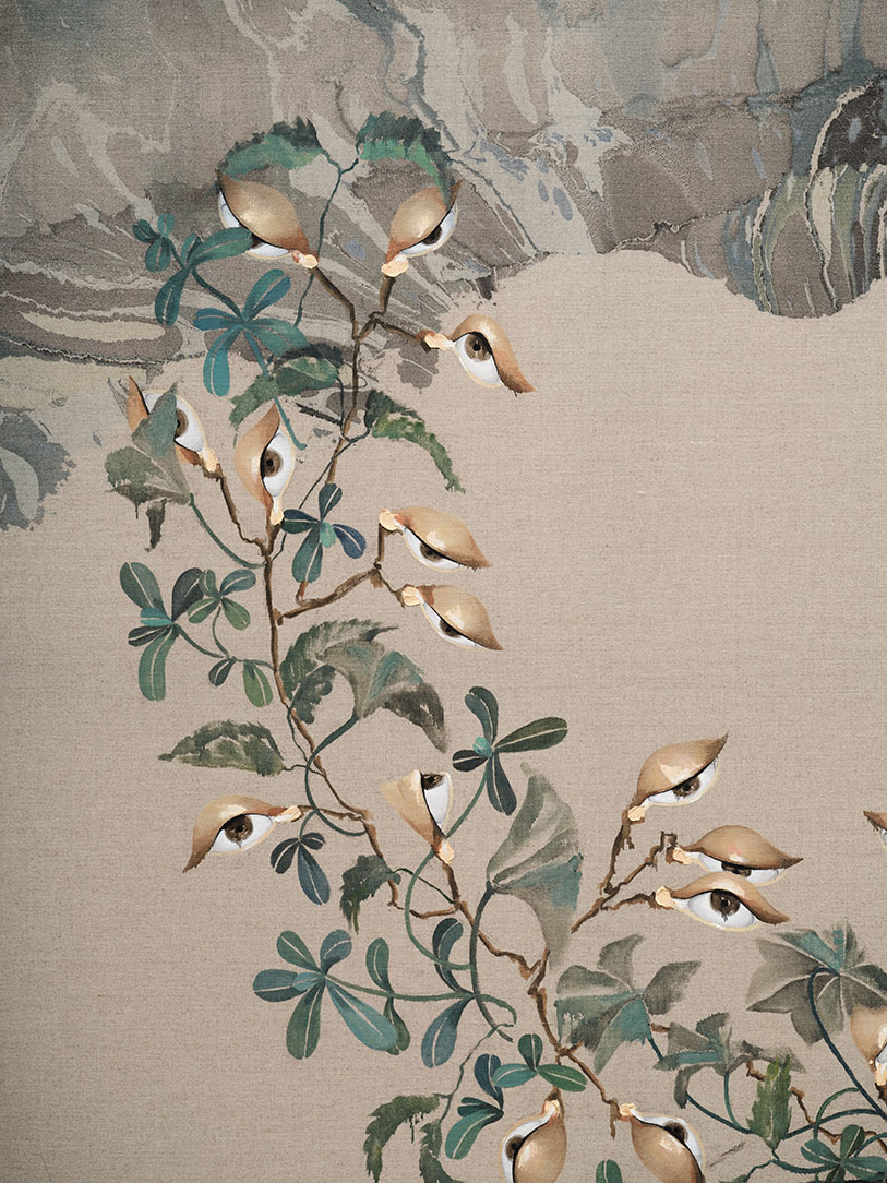 An oil and acrylic painting of a vine plant, some of whose leaves appear as lidded eyes