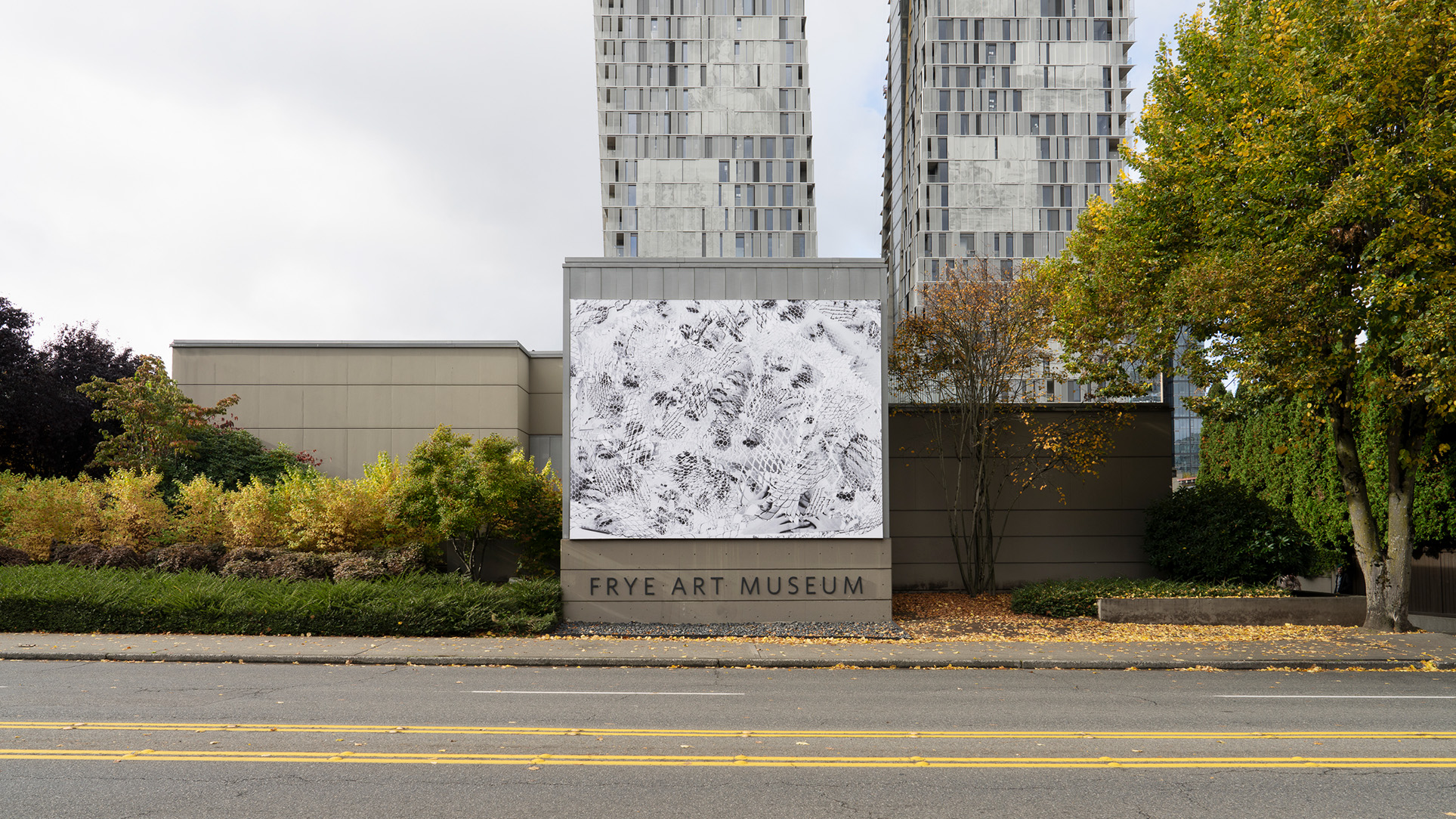A large black and white artwork with a repeating motif of a face and paper netting on the side of a building up against a road