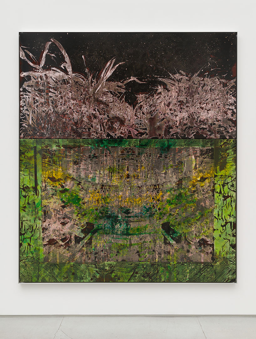 Antonia Kuo. Behemoth (diptych), 2022. Unique chemical painting on light-sensitive silver  gelatin paper on wood panel in welded aluminum frame. 93 x 81 x 2 in.
