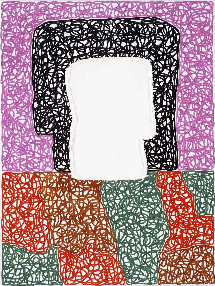 An abstract artwork with lines in purple, black, green, red, and brown surrounding an empty white space