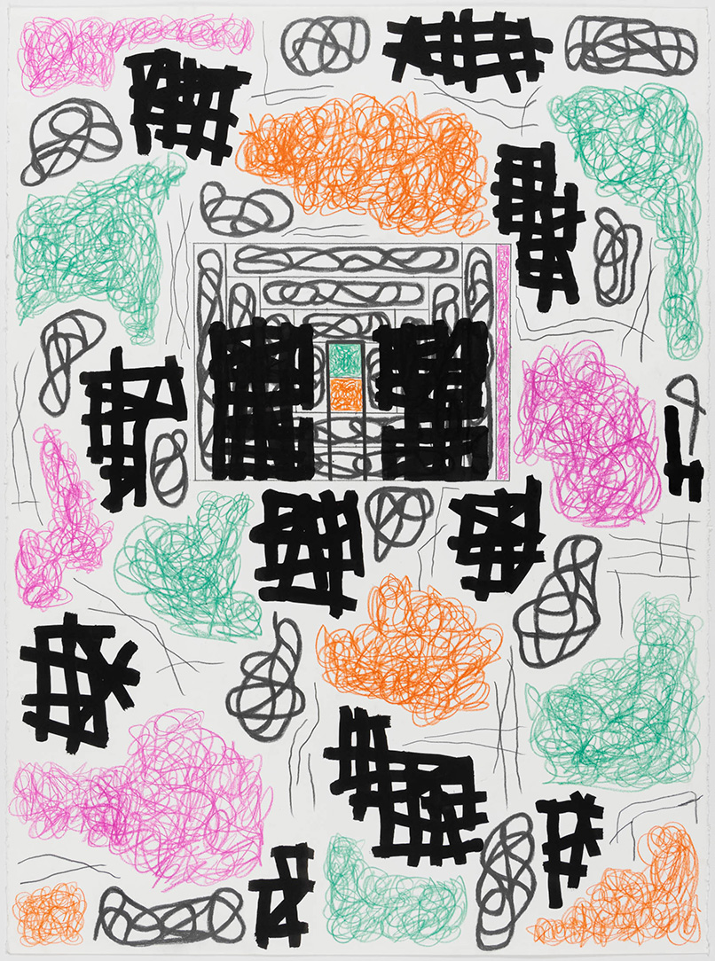 An abstract artwork of colorful squiggles in green, pink, black, and orange
