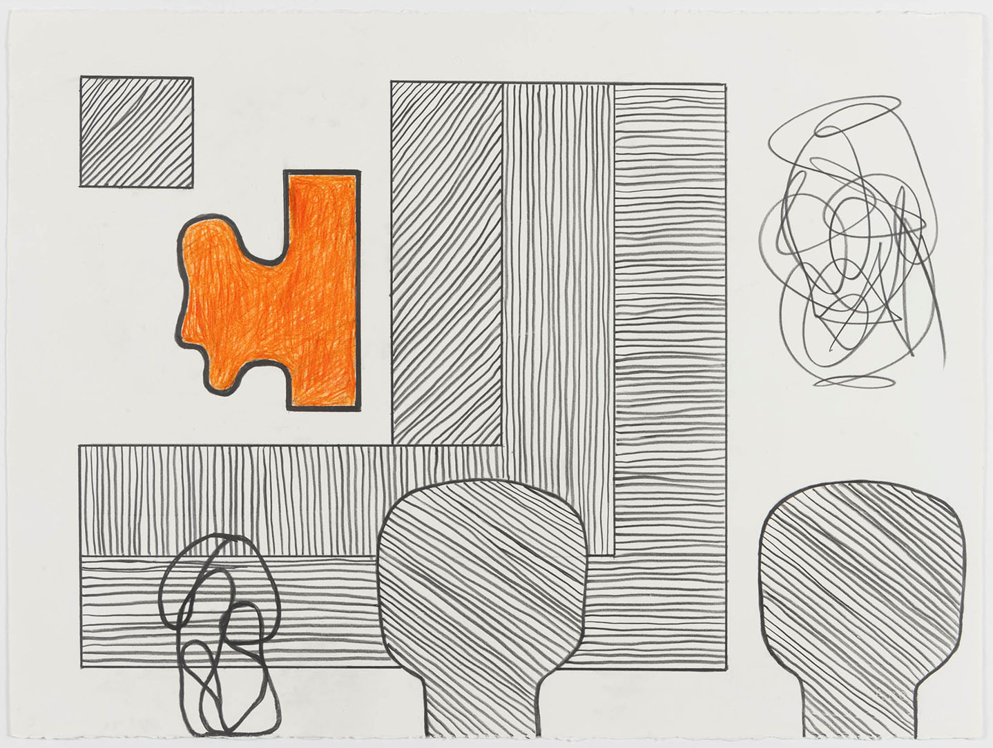 An abstract artwork in black line on white with a single orange shape