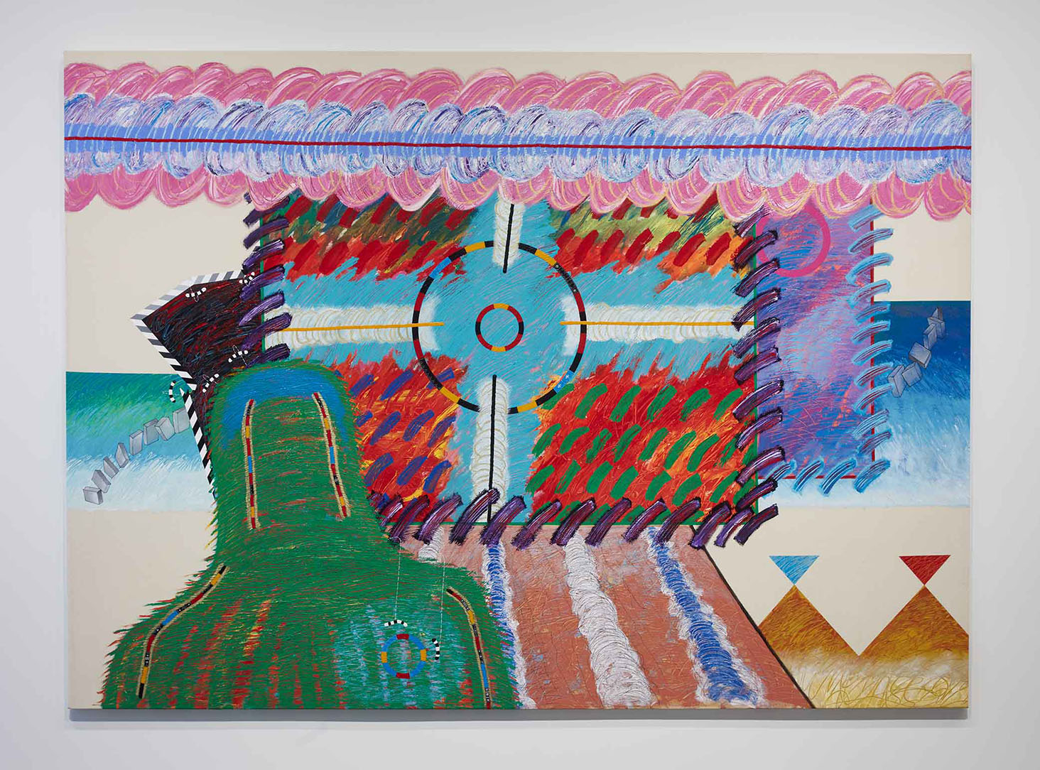 A color, abstract 2d artwork with a human figure, items in the shape of a long cloud, and mostly centered crosshairs