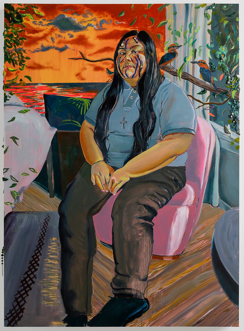 Gisela McDaniel painting of a person with long black hair sitting in a chair 