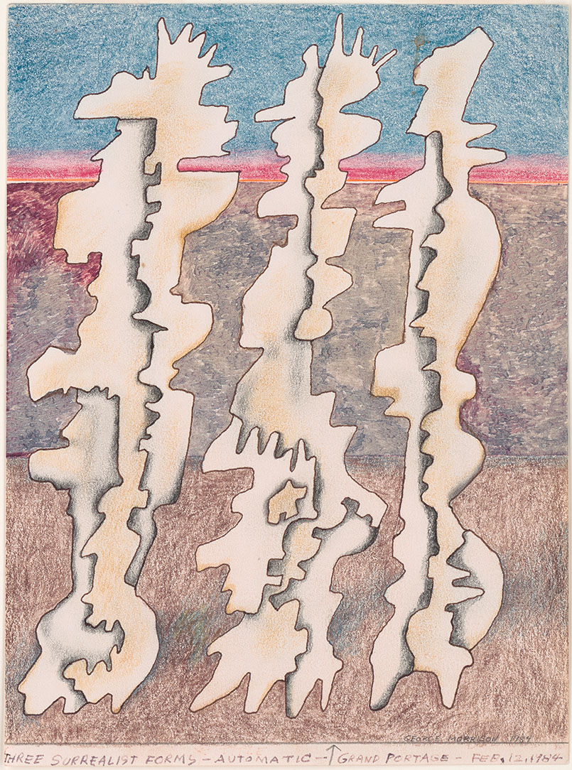 An artwork in colored pencil with three surreal, vertical forms side by side