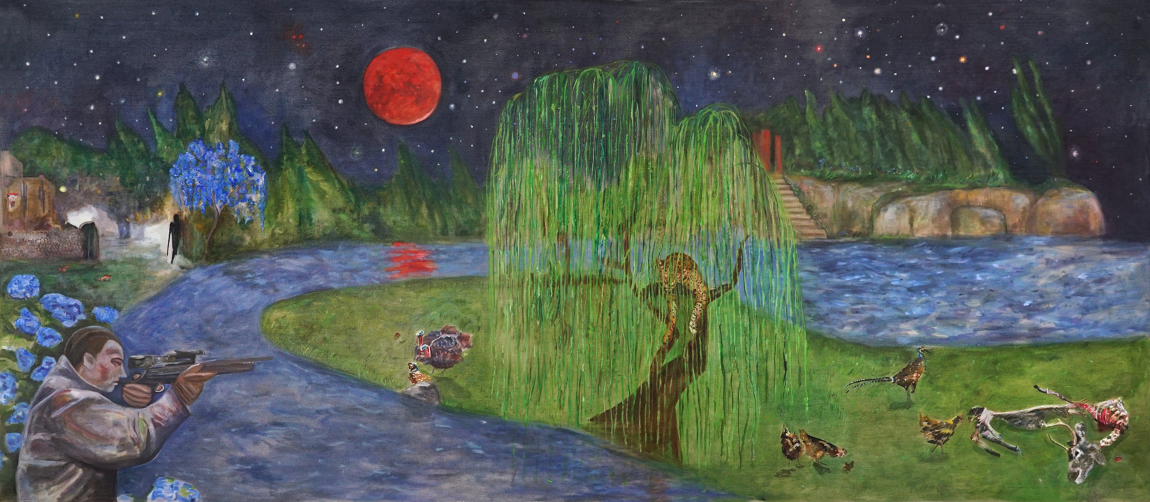 Jill Mulleady. Predators, 2022. Oil on linen. 57 x 132 in. 