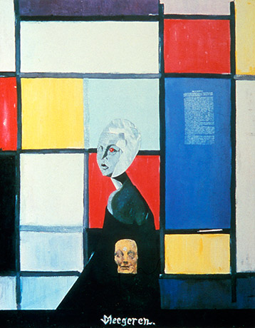 A painting of a blue human figure in front of blocks of color