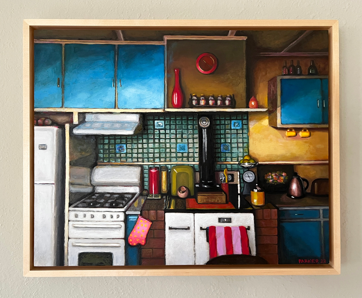 Painting by Naomi Parker of a kitchen with teals and yellows