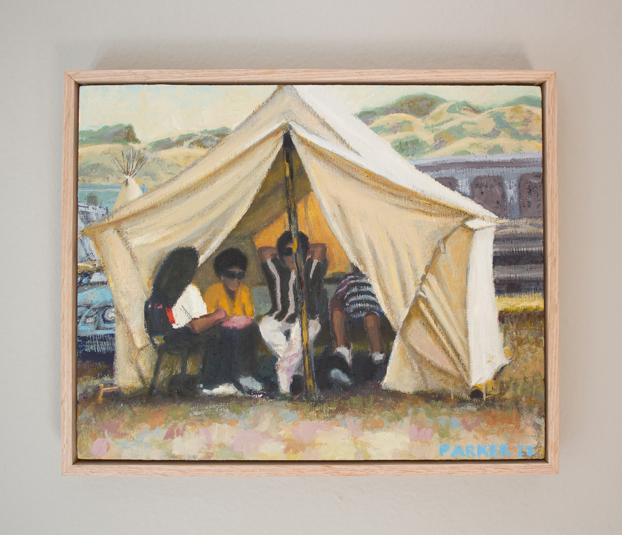 Painting by Naomi Parker of a group of people inside a canvas tent