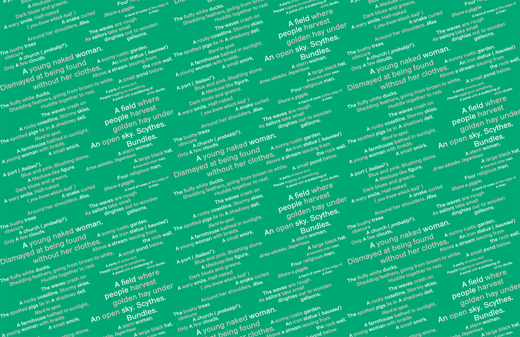 A collage of text on a green background