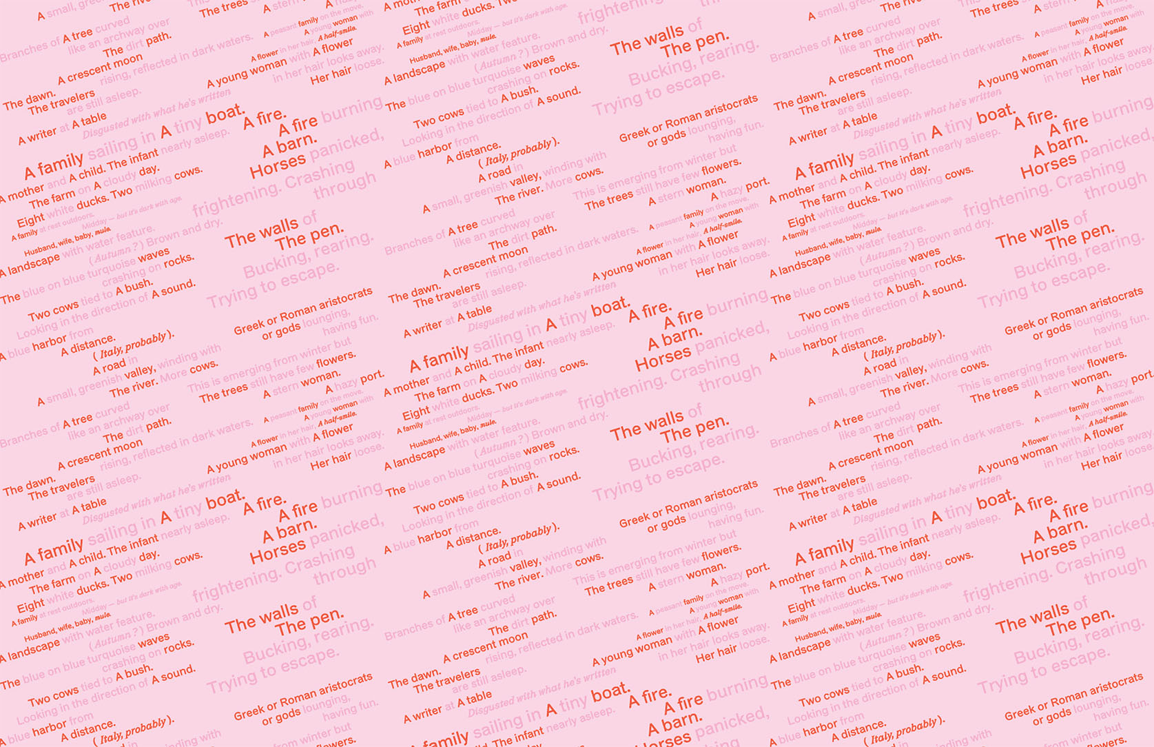 A collage of text on a pink background