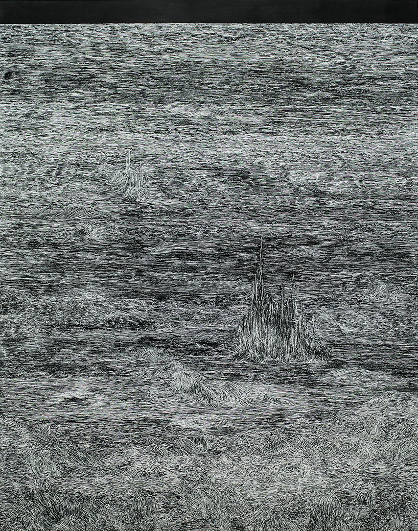 Mary Ann Peters. this trembling turf (echo), 2018. White ink on black clayboard. 60 x 48 in. 