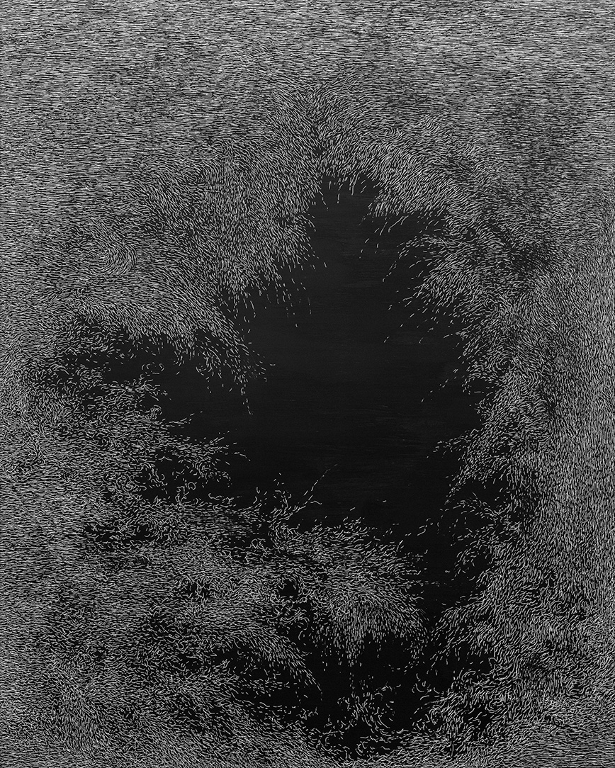 Mary Ann Peters. this trembling turf (the hollow), 2021. White ink on black clayboard. 60 x 48 in.