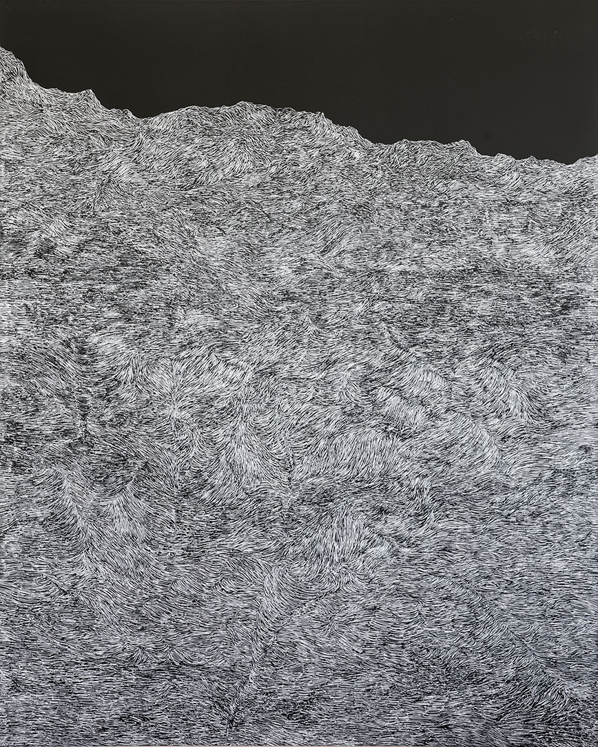 Mary Ann Peters. this trembling turf (the waters), 2017. White ink on black clayboard, 60 x 48 in.
