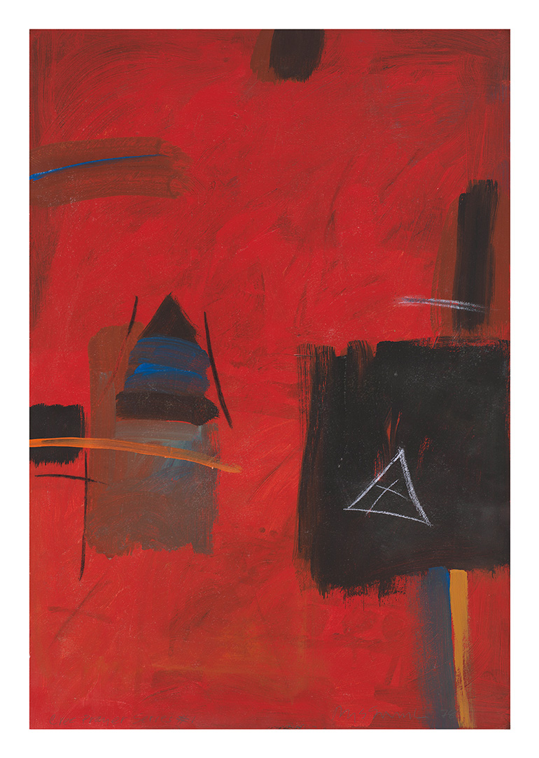 A 2d, abstract artwork primarily in red, with black, orange, blue, and white brushstrokes