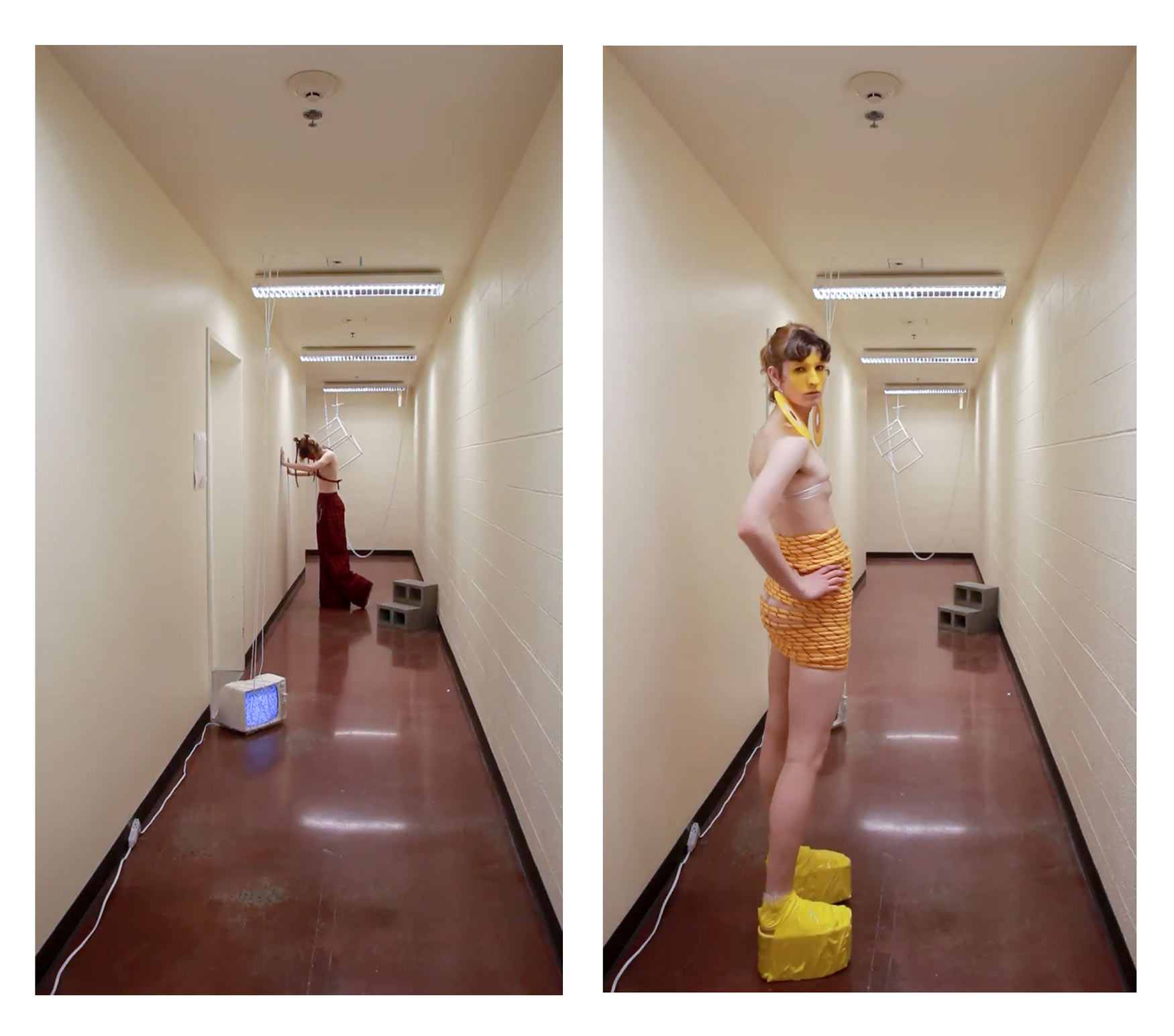Two video stills showing a person in two different outfits in a long hallway