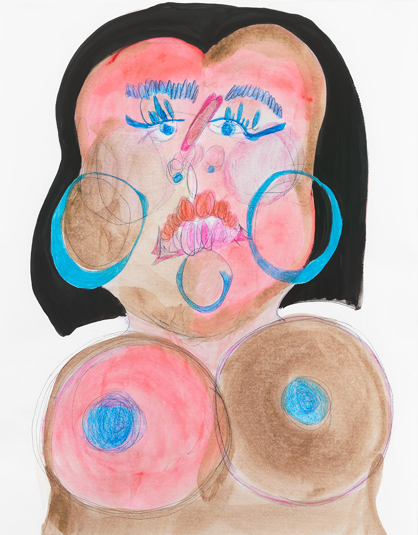 Semi abstract mixed media work by Tschabalala Self of a topless person with black hair