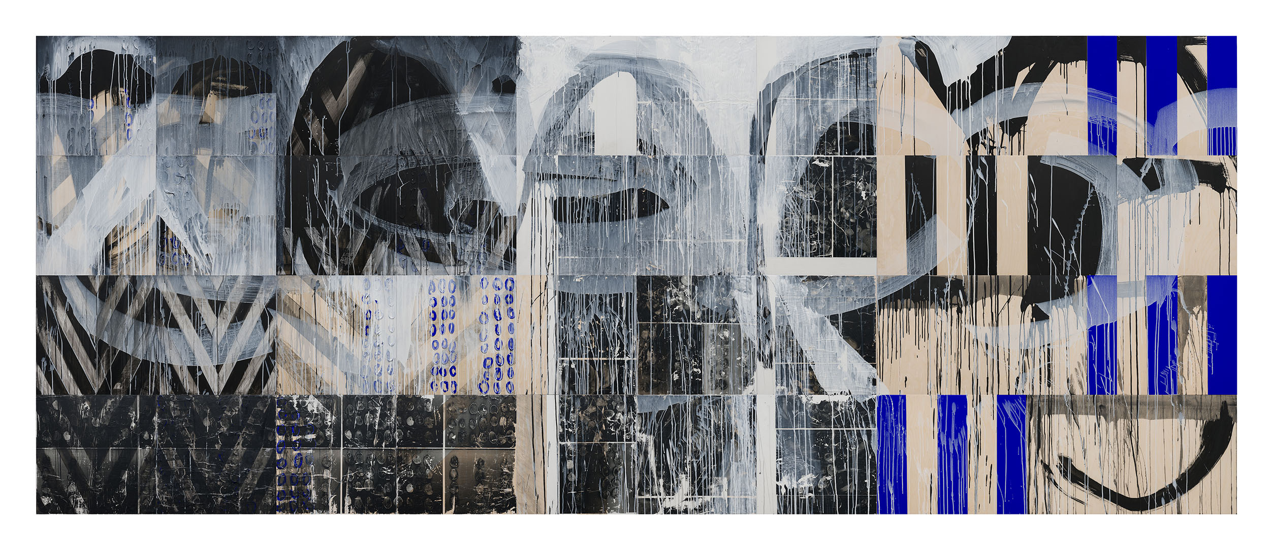 A large, abstract artwork in blue and pale colors with dripping paint
