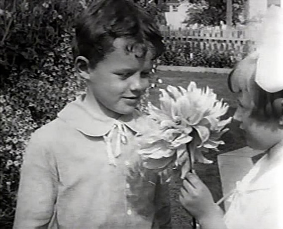 A still from a film of a boy being given a flower