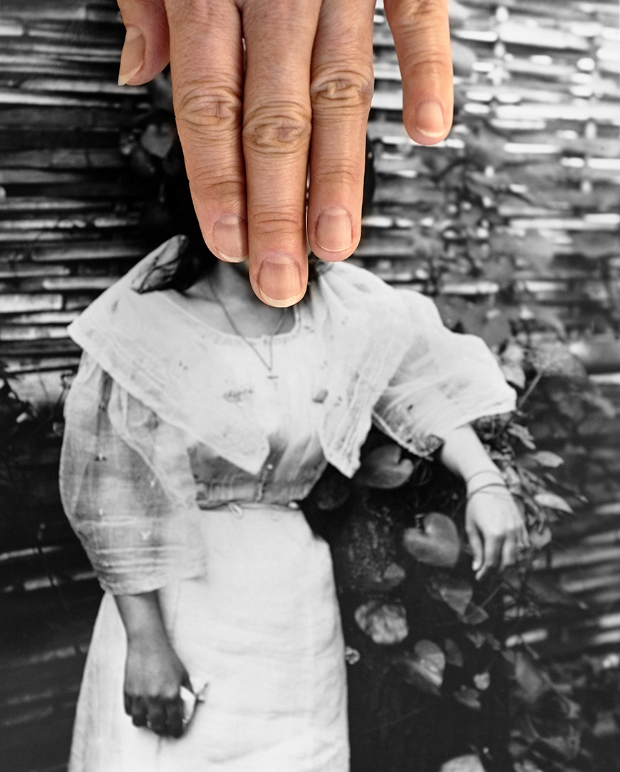 Stephanie Syjuco. Block Out the Sun (detail), 2019. Archival pigment prints mounted on aluminum, custom vitrine. 30 prints, each: 8 x 10 in. or 10 x 8 in., overall: 96 x 48 x 36 in.