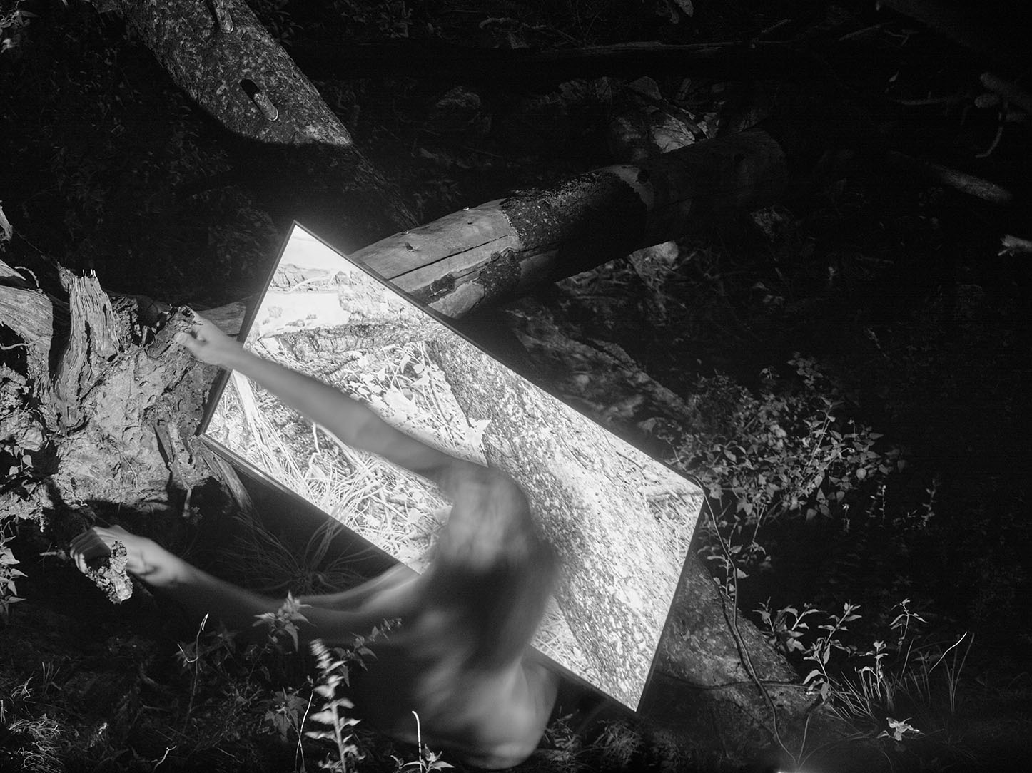 A black and white image of a nude human figure in a natural landscape with their body partially obscured by movement and a large LCD screen