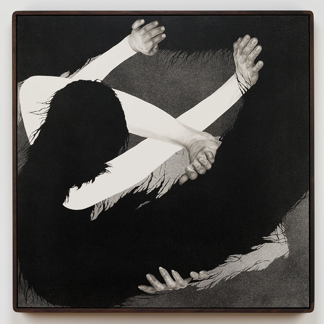 An ink and conté crayon artwork of a female figure on clay-coated board