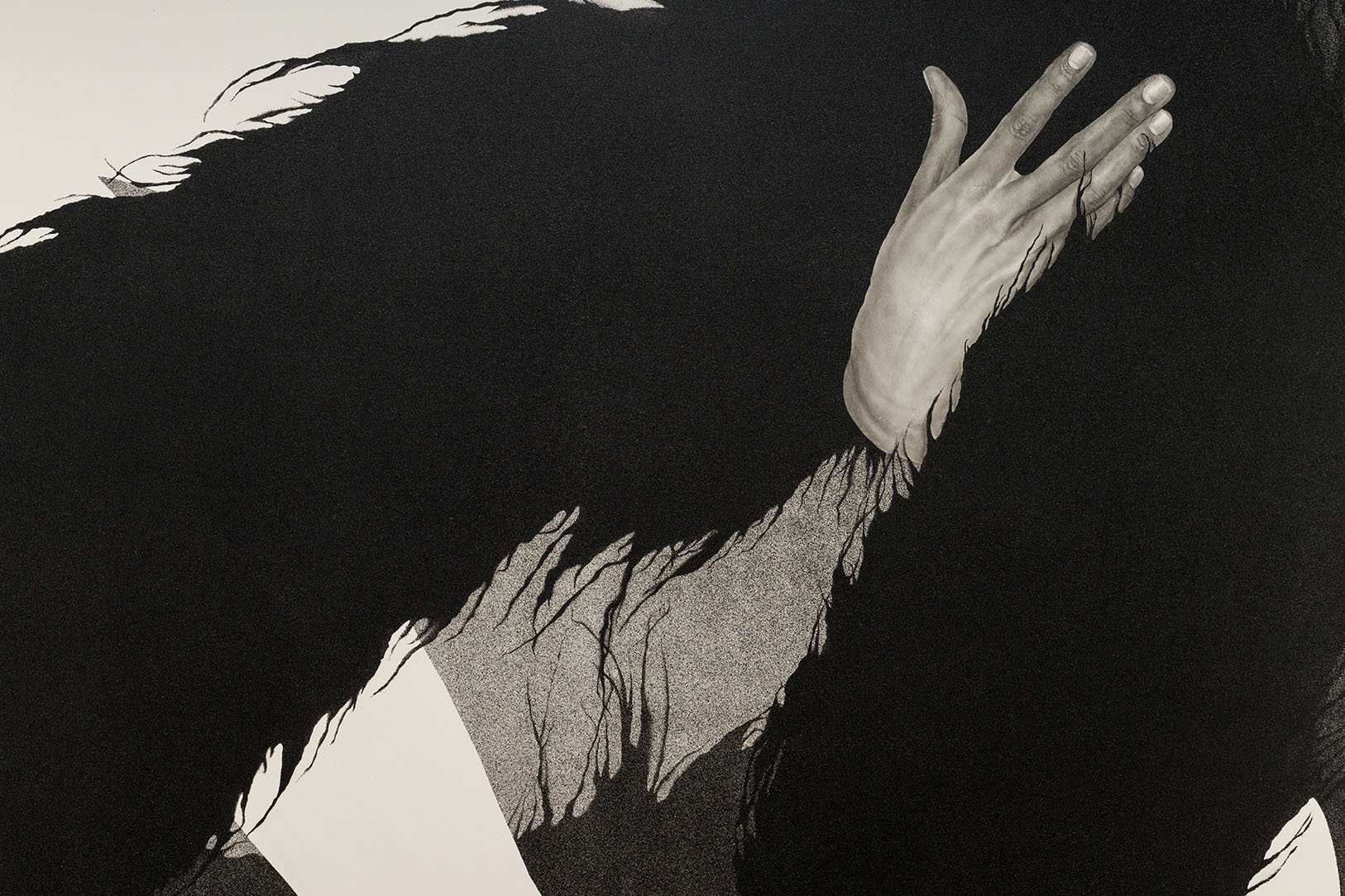A detail of a section of an artwork in ink and conté crayon of a female figure on clay-coated board