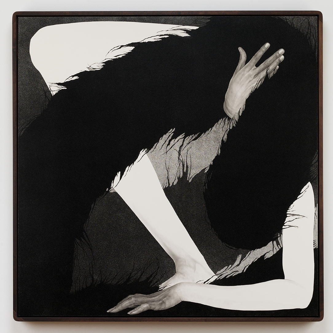An ink and conté crayon artwork of a female figure on clay-coated board