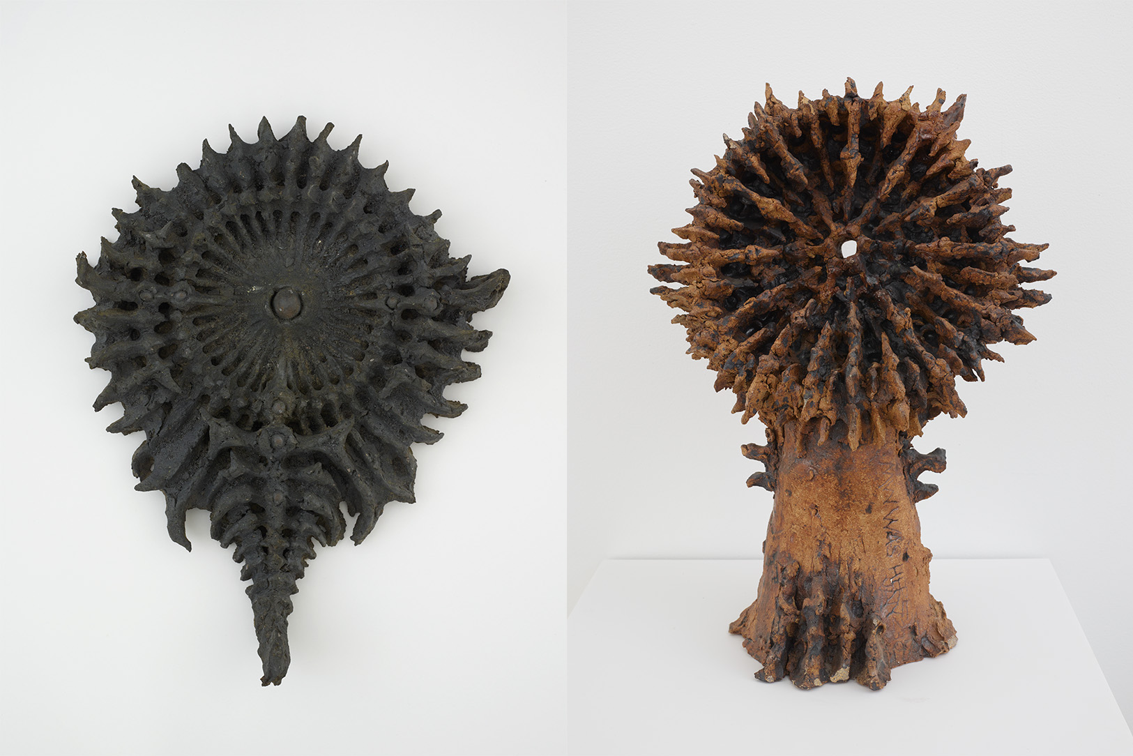Left: Martin Wong. Untitled (Spine Spiral), ca. 1970–71. Stoneware. 15 x 11 3/4 x 3 in. Right: Martin Wong. Untitled (MW Was Here January 23 1970), 1970. Stoneware. 16 x 7 x 12 in. 