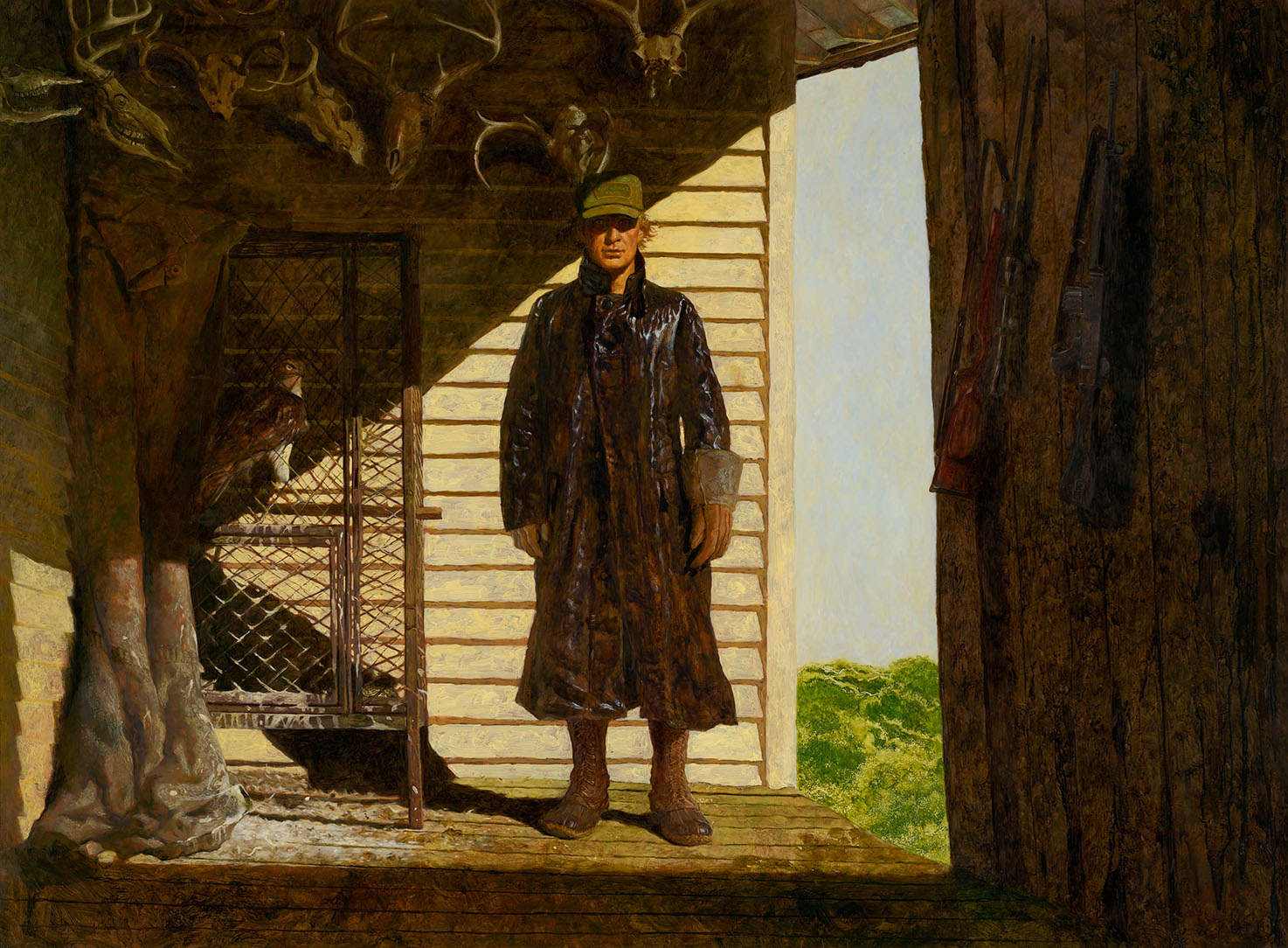 A painting of a man in a dark jacket and boots standing on a porch. The walls around him are shadowed and hung with animal skulls, and a hawk stands in a cage next to him.