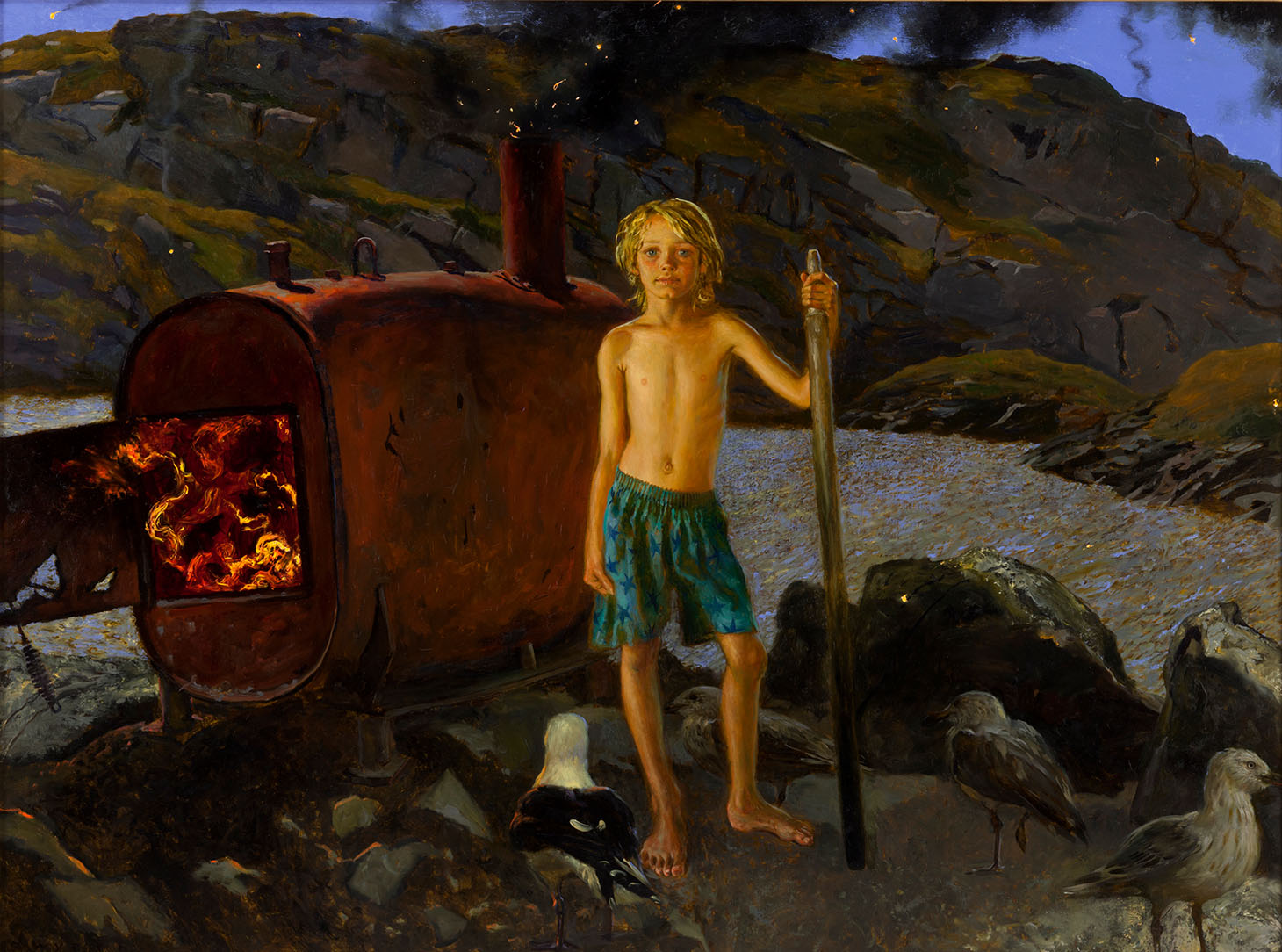 A painting of a young boy in shorts standing by a small incinerator on a rocky beach.