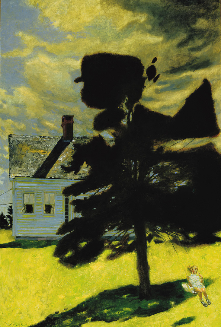 A painting of a large tree in front of a white house. A young girl in a white dress is mid-arc on a swing hanging from a branch