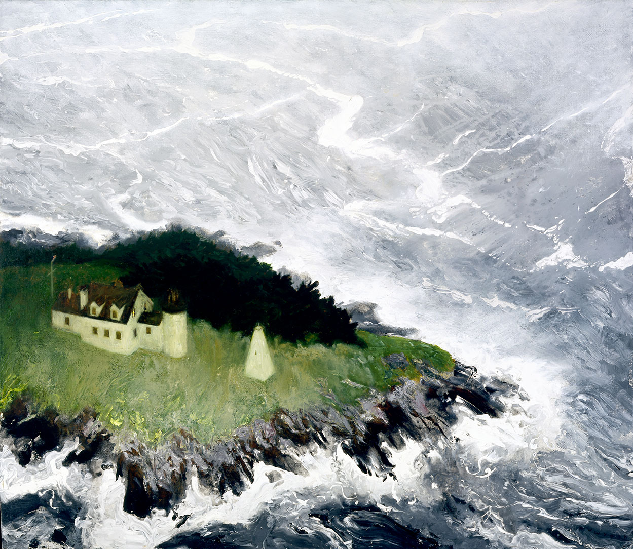 A painting from above of a small island or outcropping surrounded by stormy seas. There is a building and lighthouse on the land.
