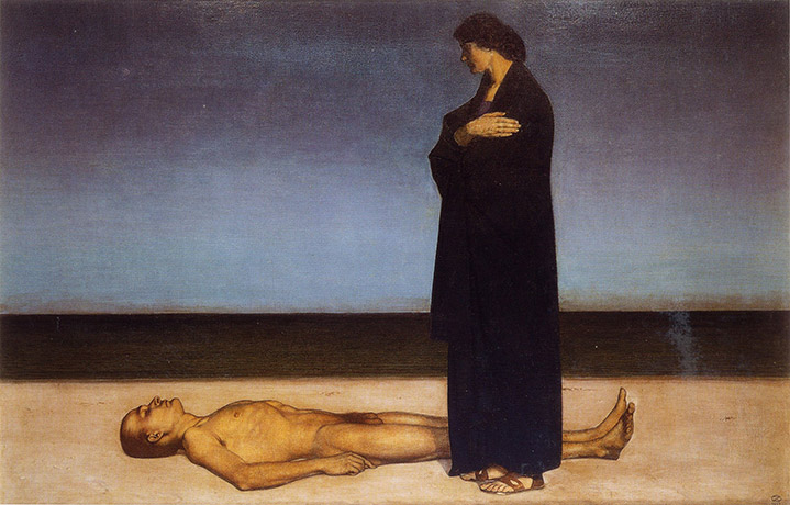 A painting of a naked man on the ground being looked over by a woman in a long, dark dress