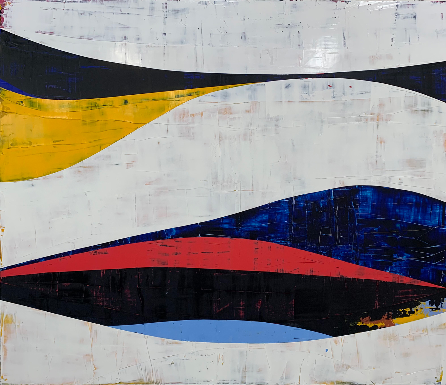 Oil painting of abstract horizontal curving fields of white, black, yellow, blue, and red