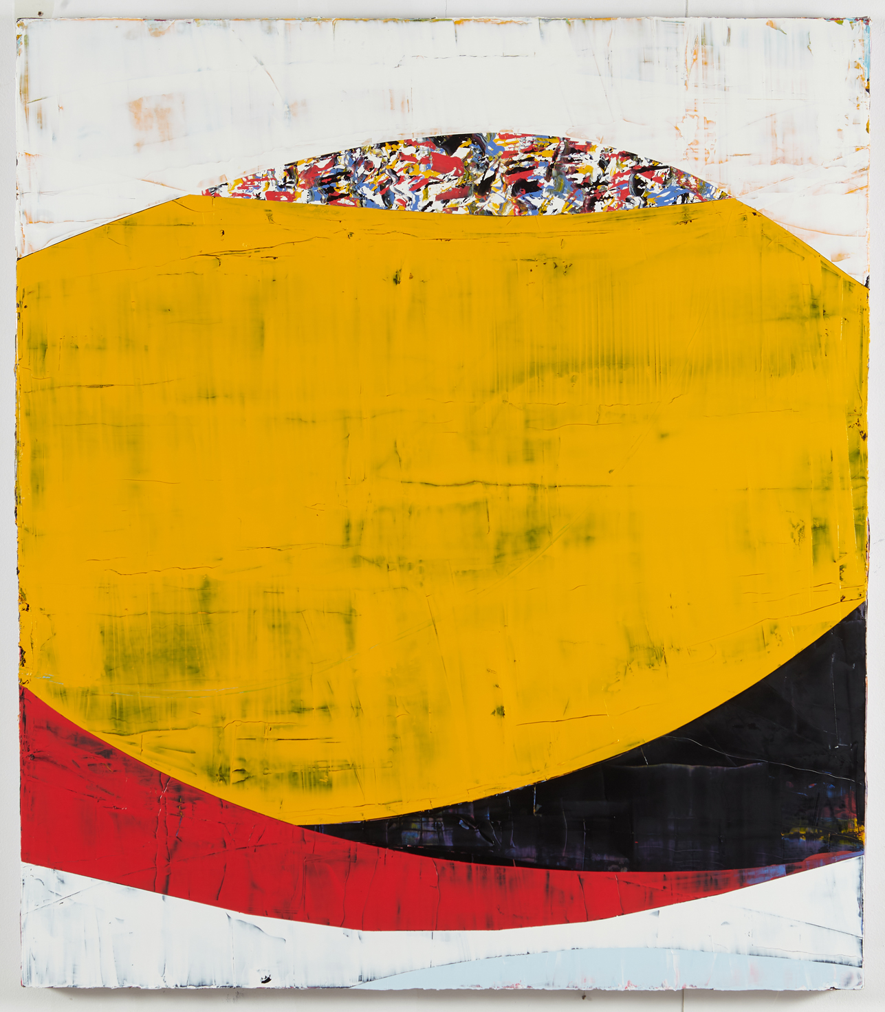 Oil painting of abstract horizontal curving fields of white, black, and red around a large central yellow colorfield