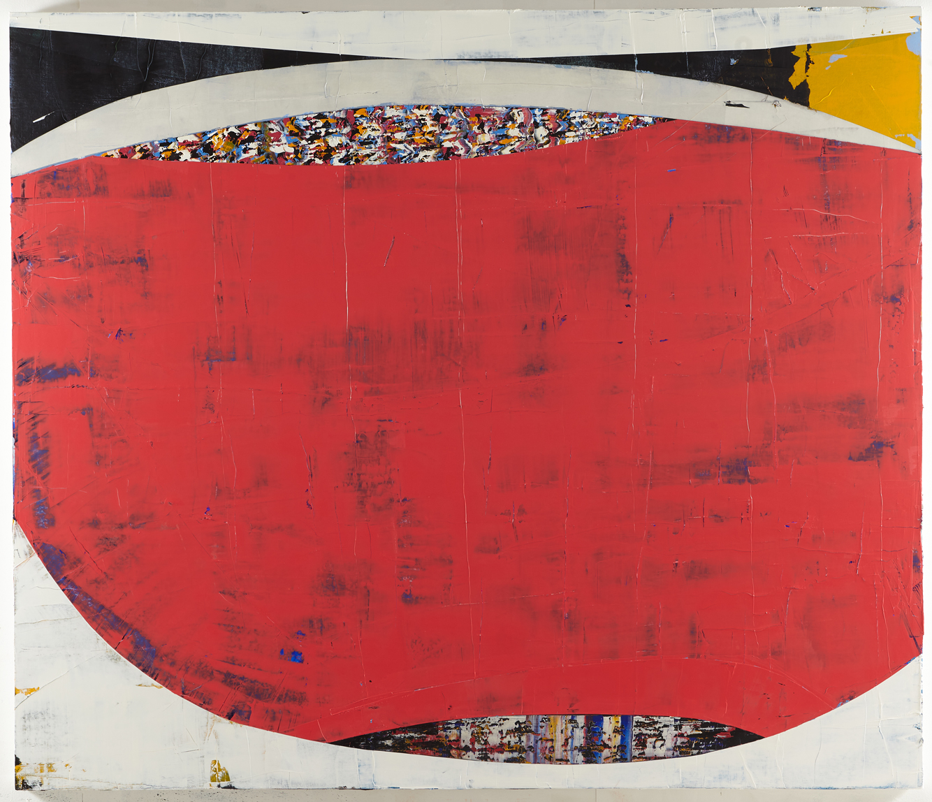 Oil painting of abstract horizontal curving fields of white, black, and yellow around a large central red colorfield