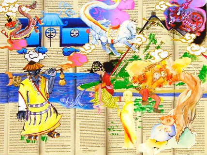 Artwork of figures painted on book pages
